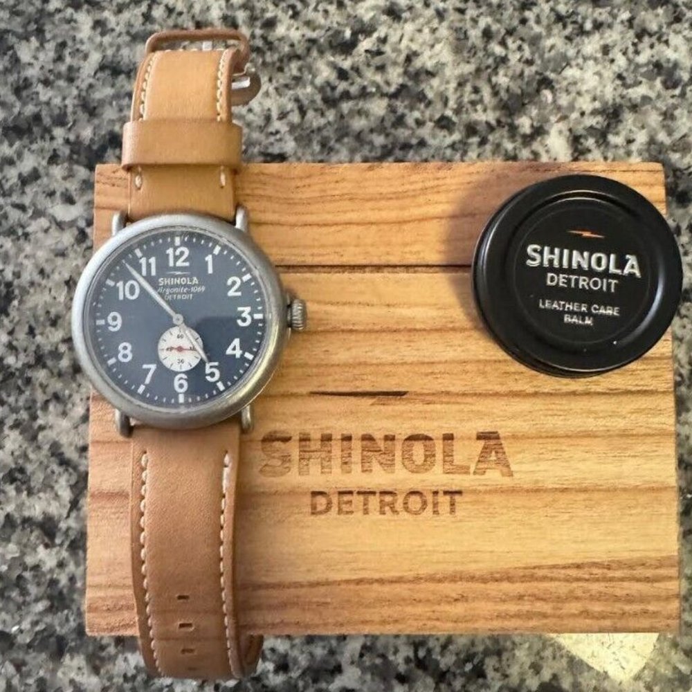 Shinola Runwell 47mm Watch - Men's Tan Leather Band with Blue Dial